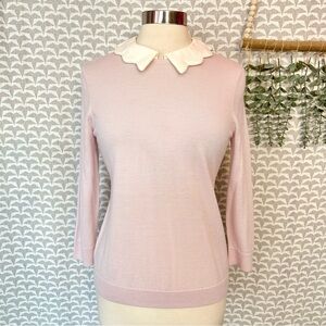 Talbots Pink Merino Wool Sweater White Scalloped Collar Lightweight Size Small